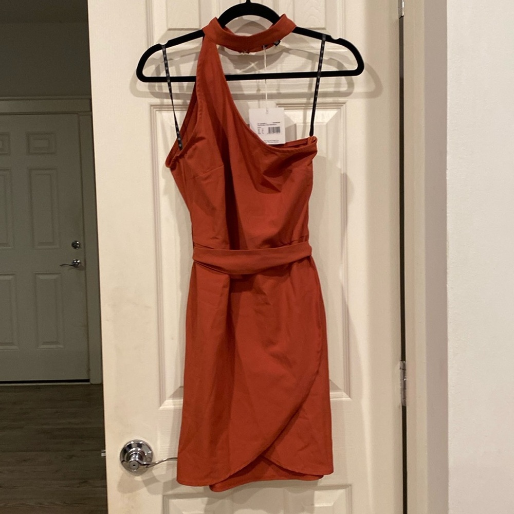 Missguided Rust One-Shoulder Halter Dress